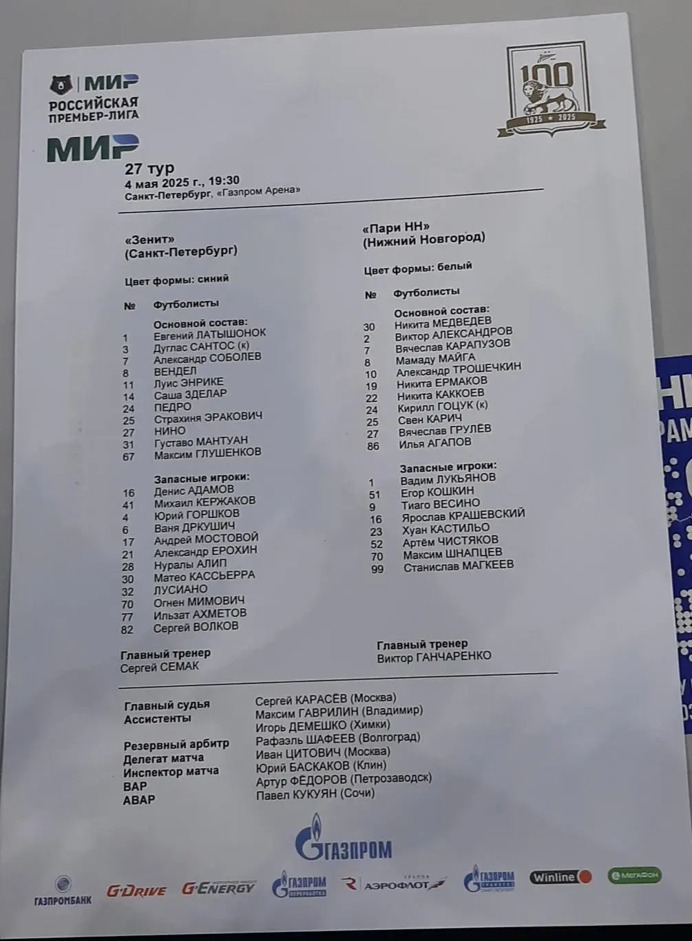 Зенит СПб — Пари НН 04.05.2025. Стартовый протокол