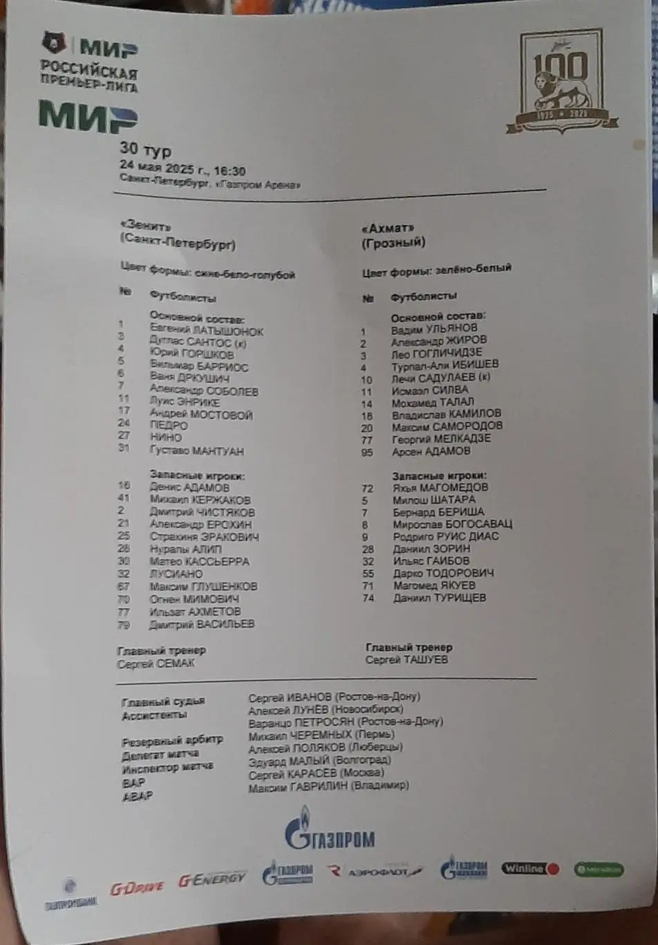 Зенит СПб — Ахмат Грозный 24.05.2025. Стартовый протокол