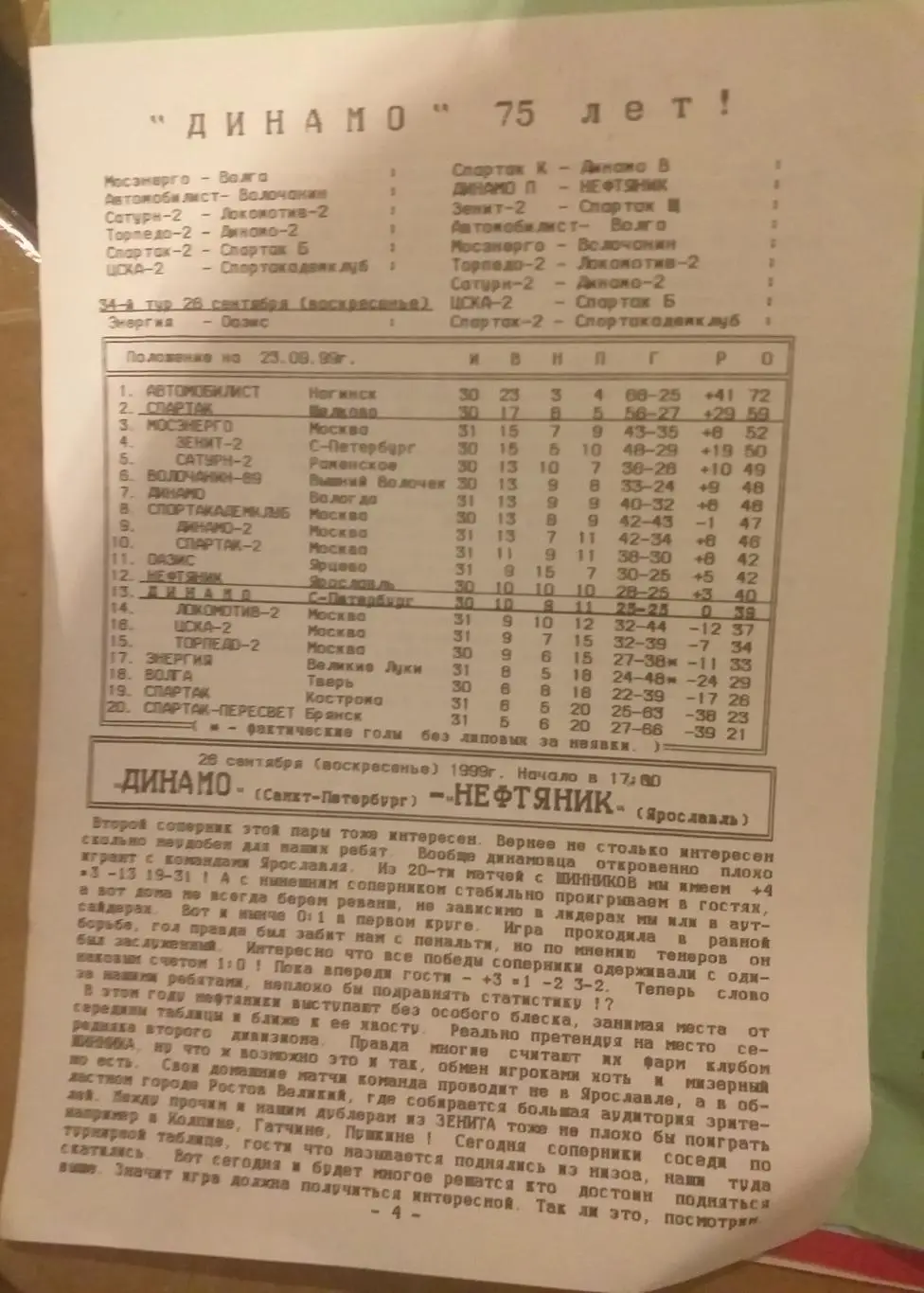 Динамо СПб — Нефтяник Ярославль; Спартак Шёлково 23-26.09.1999. Офиц. программа 2