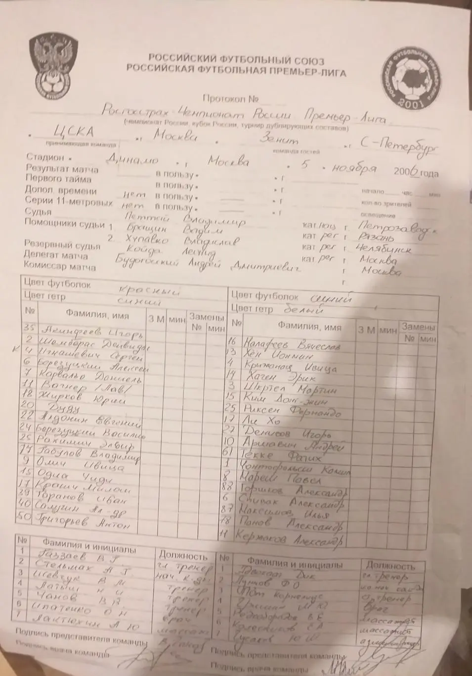Зенит Санкт-Петербург — ЦСКА Москва 05.11.2006. Стартовый протокол