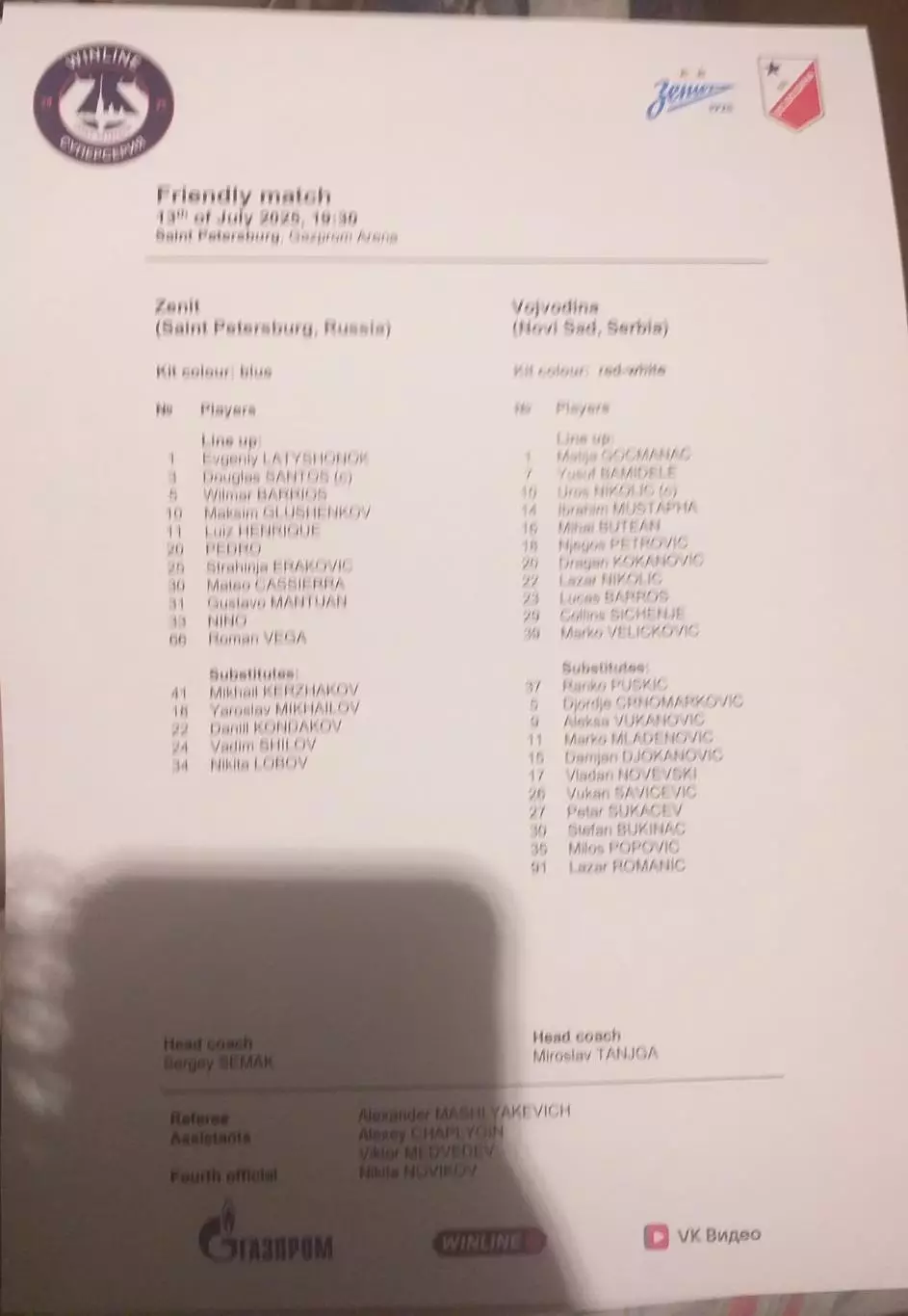 Зенит Санкт-Петербург — Войводина Сербия 12.07.2025. Стартовый протокол. Англ
