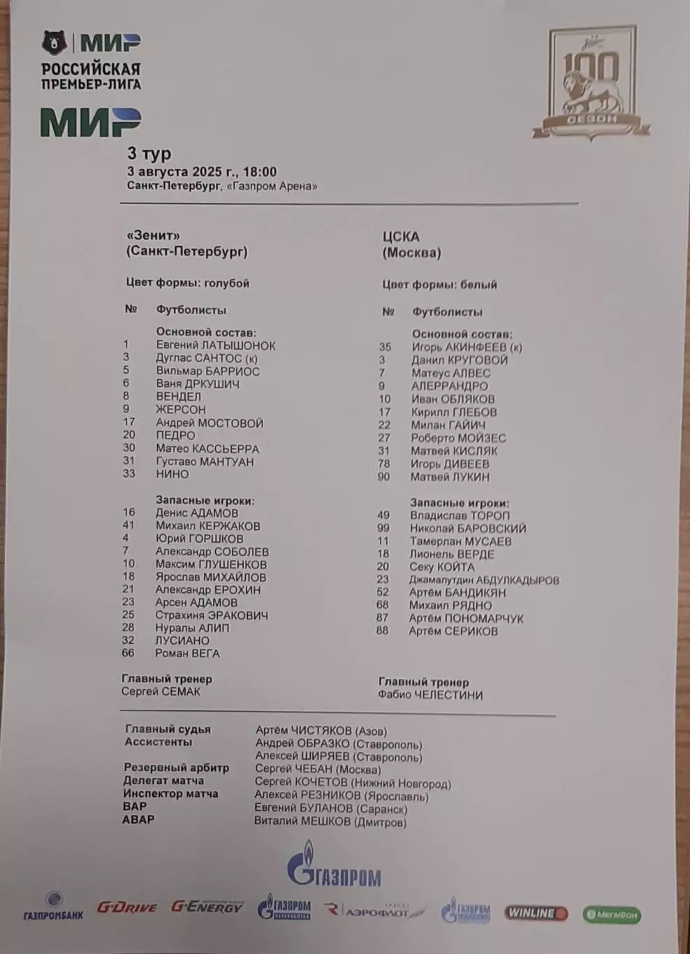 Зенит Санкт-Петербург — ЦСКА Москва 03.08.2025. Стартовый протокол