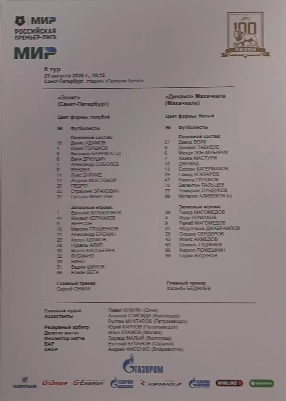 Зенит Санкт-Петербург — Динамо Махачкала 23.08.2025. Стартовый протокол