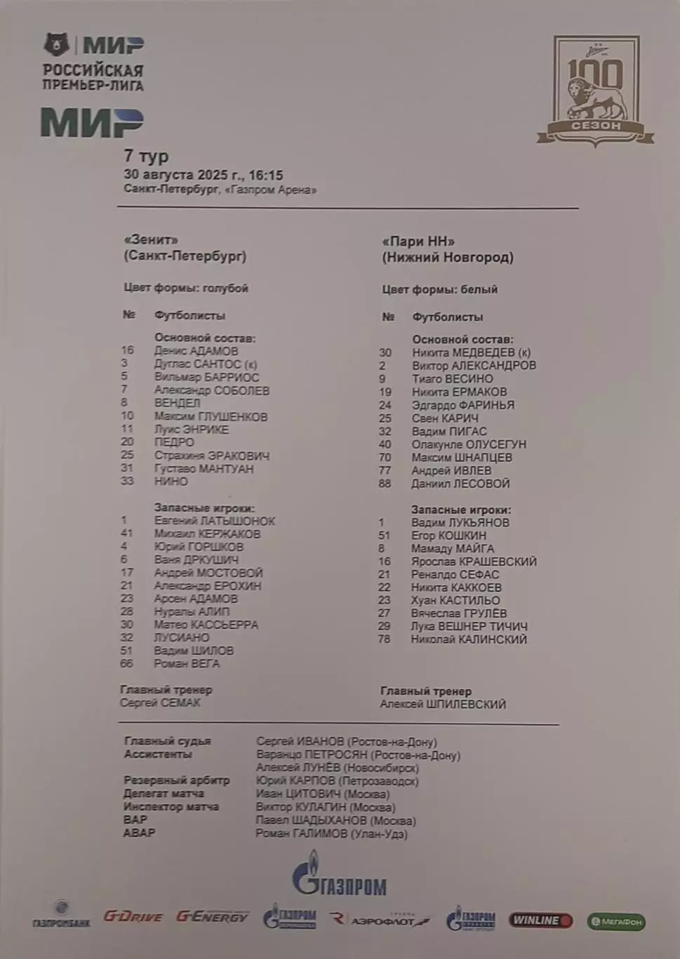 Зенит СПб — Пари НН 31.08.2025. Стартовый протокол