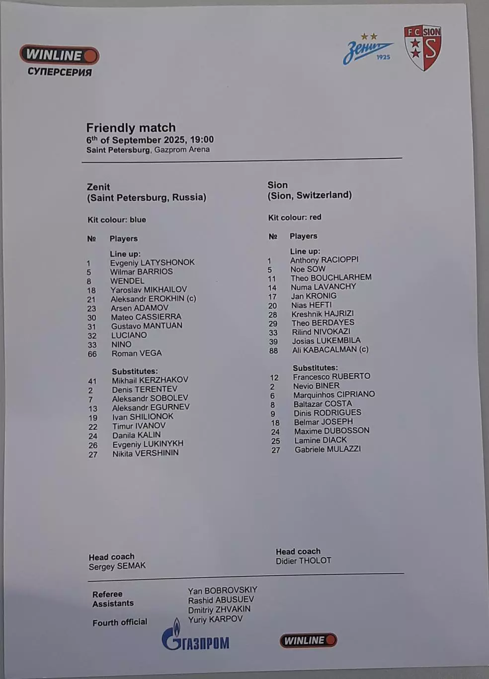 Зенит Санкт-Петербург — Сьон Швейцария 06.09.2025. Стартовый протокол. English