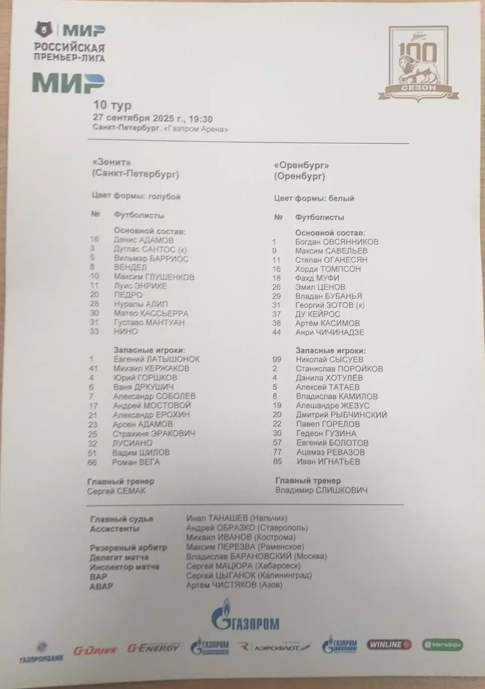Зенит Санкт-Петербург — Оренбург. 27.09.2025. Стартовый протокол