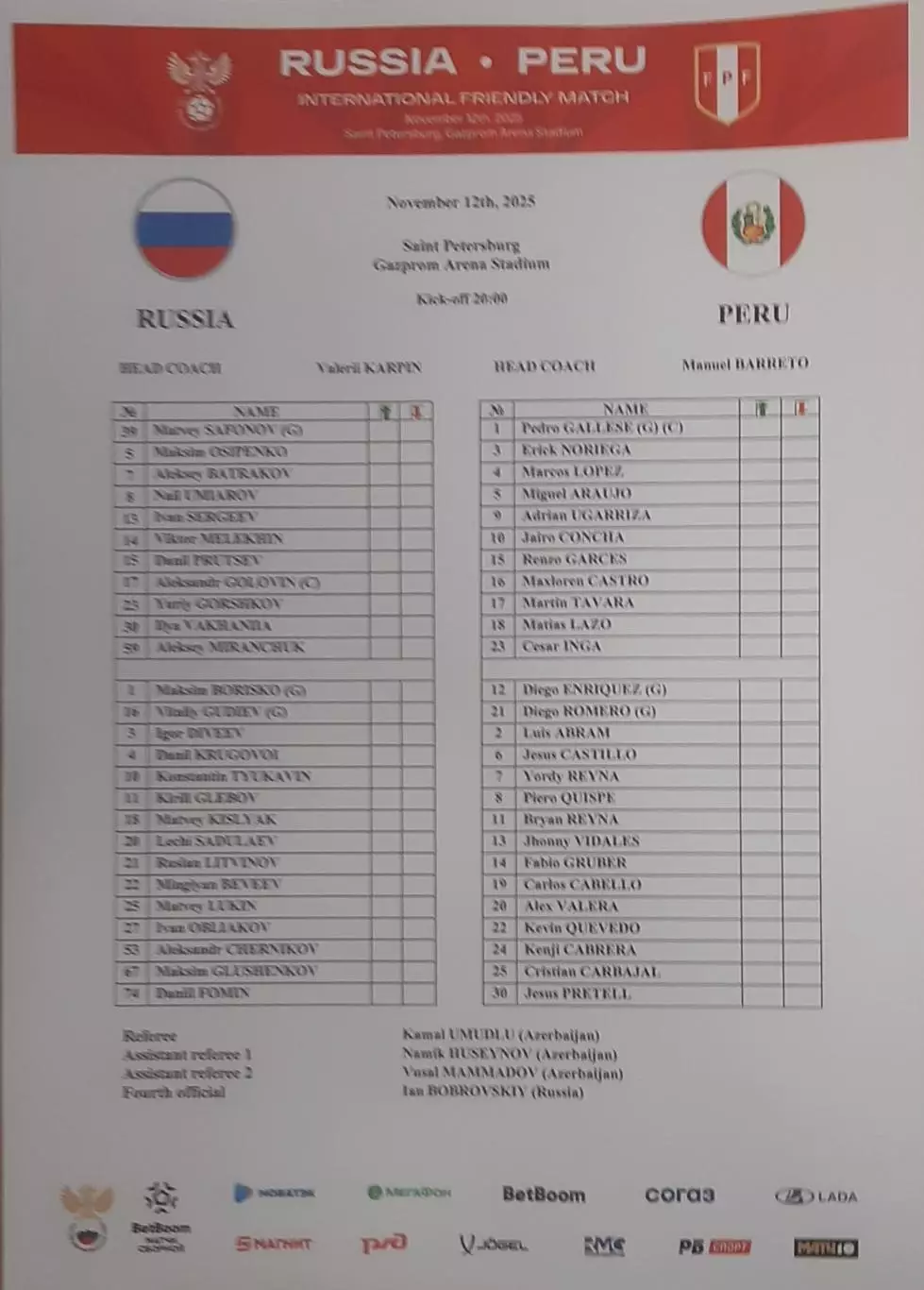 Россия — Перу 12.11.2025. Стартовый протокол матча. Английская версия
