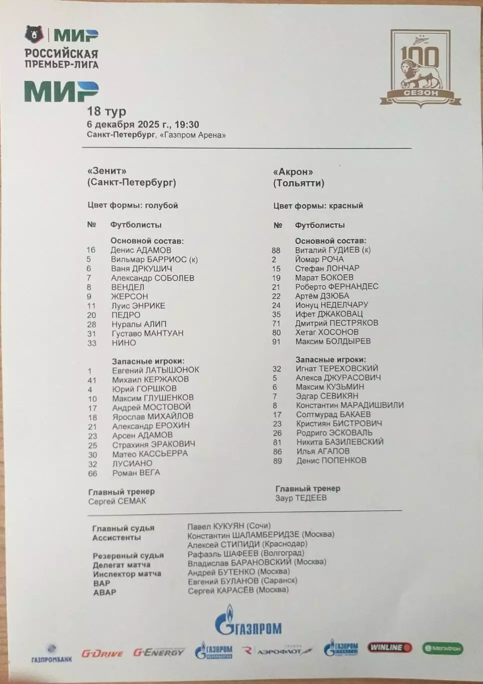Зенит Санкт-Петербург — Акрон Тольятти. 06.12.2025. Стартовый протокол