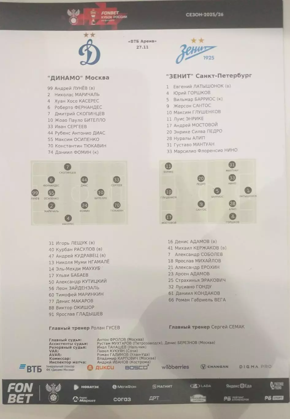 Динамо Москва — Зенит Санкт-Петербург 27.11.2025. Стартовый протокол.