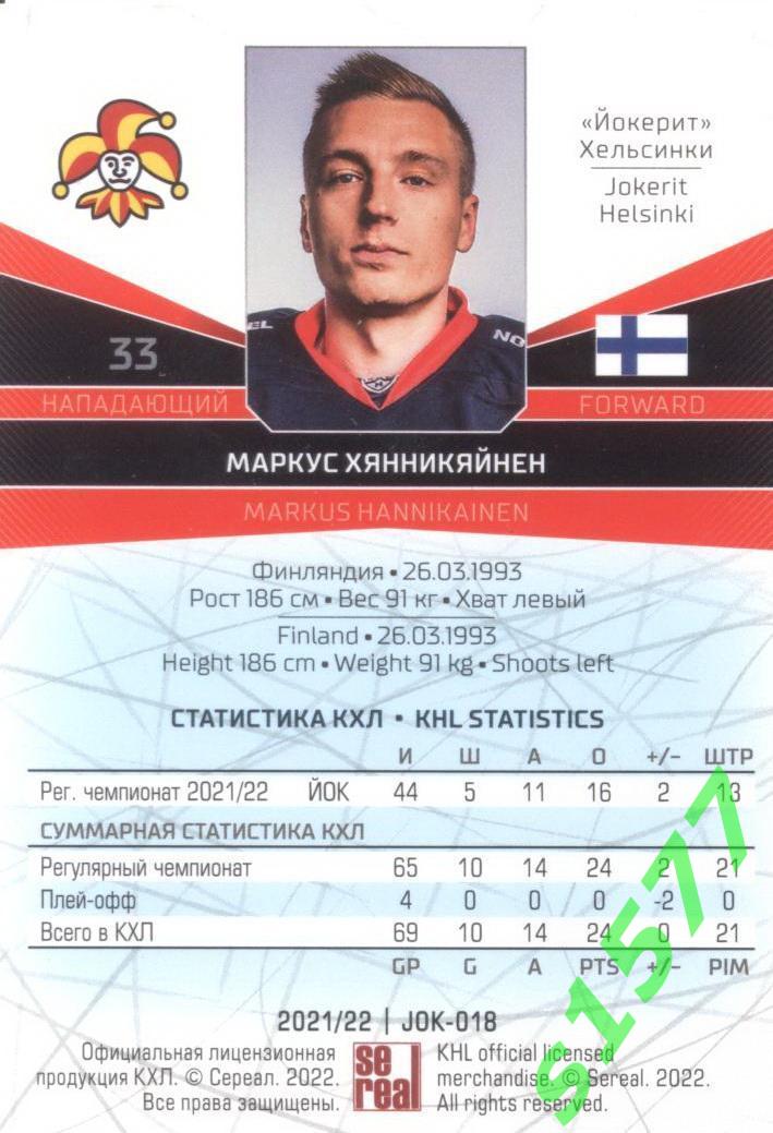 Маркус Хянникяйнен (Йокерит) SeReal Карточки КХЛ 2021-2022 1