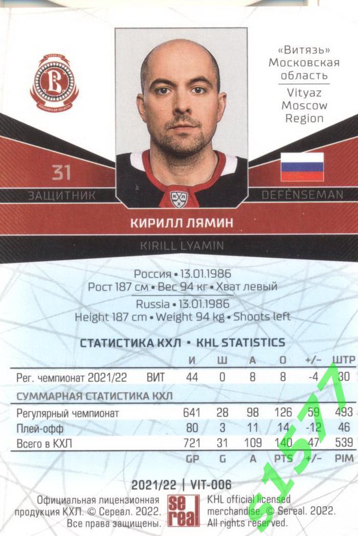 Кирилл Лямин (Витязь) SeReal Карточки КХЛ 2021-2022 1