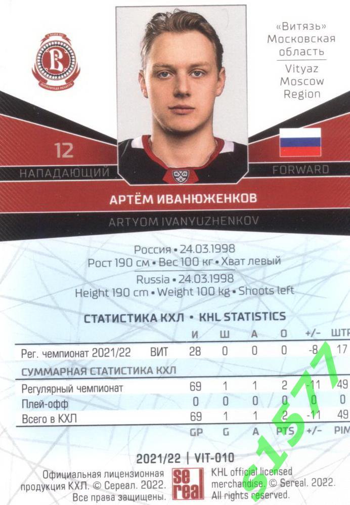 Артем Иванюженков (Витязь) SeReal Карточки КХЛ 2021-2022 1