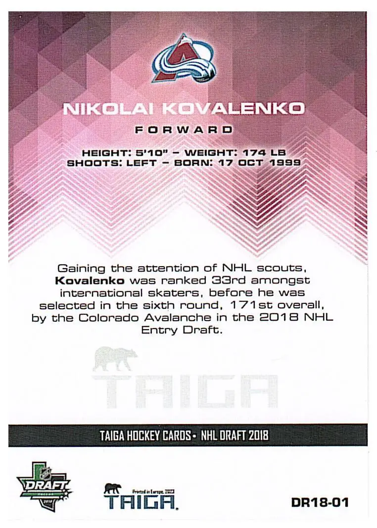 Николай КоваленкоNHL DRAFT 2018 автограф 1