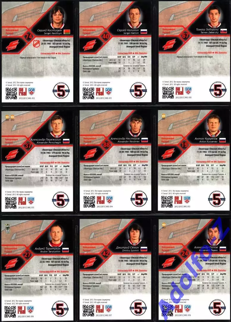 Sereal КХЛ 2012/2013 полный базовый сет 18 карт ХК Авангард Омск 3