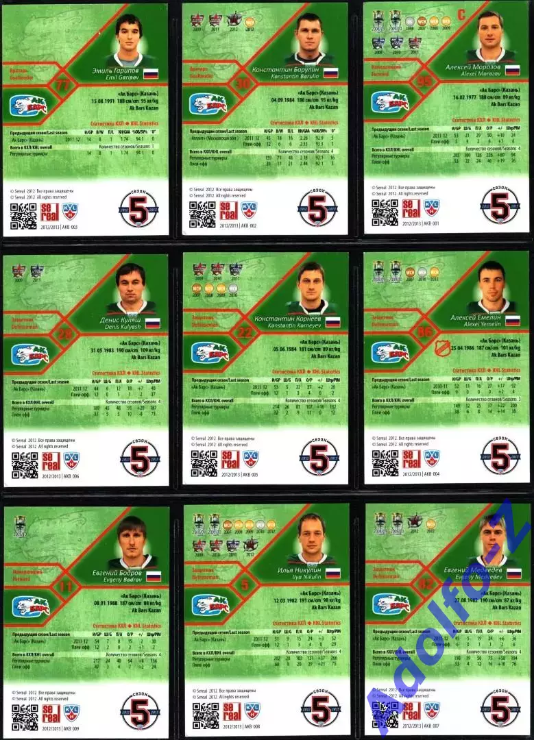 Sereal КХЛ 2012/2013 полный базовый сет 18 карт ХК Ак Барс Казань 2