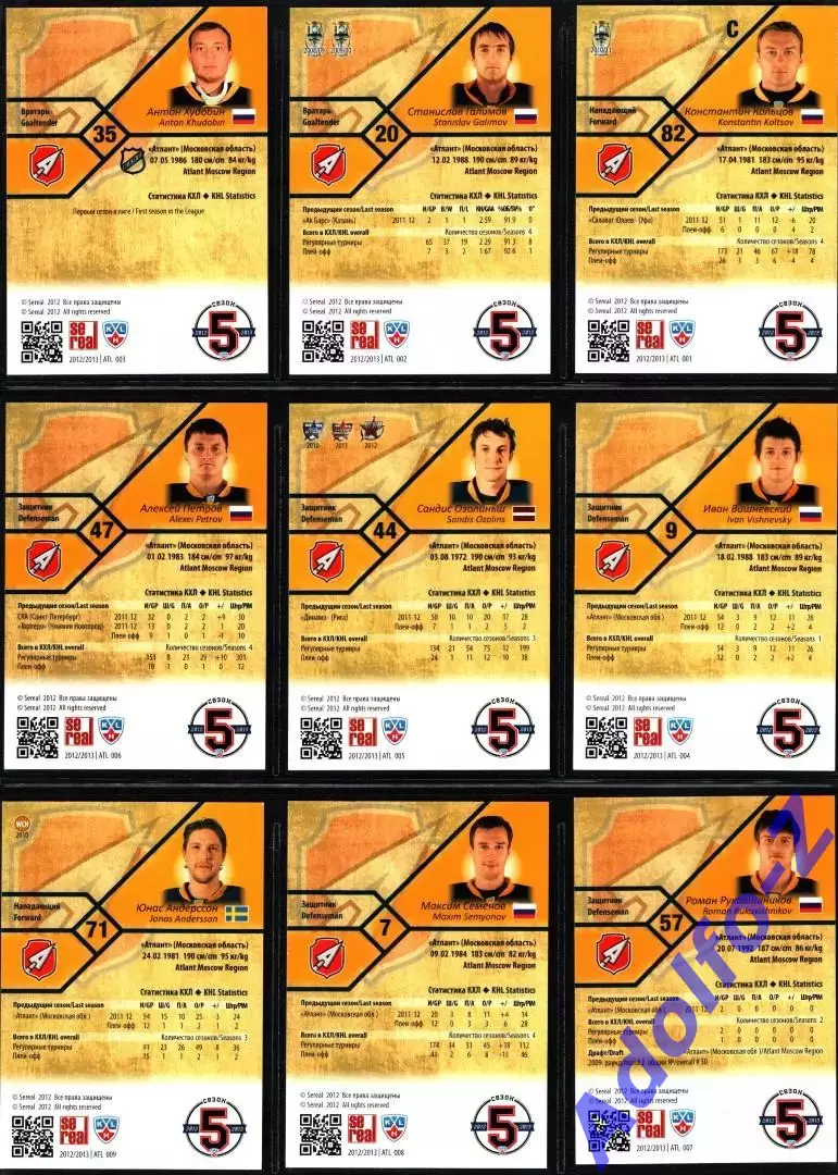 Sereal КХЛ 2012/2013 полный базовый сет 18 карт ХК Атлант Московская область 2