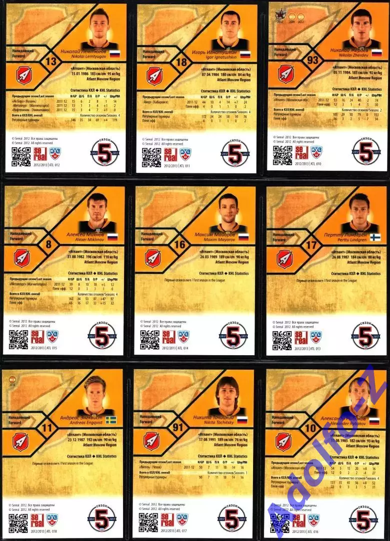 Sereal КХЛ 2012/2013 полный базовый сет 18 карт ХК Атлант Московская область 3