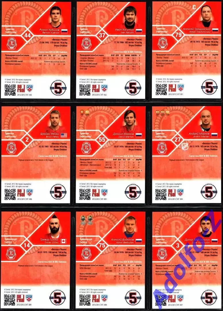 Sereal КХЛ 2012/2013 полный базовый сет 18 карт ХК Витязь Чехов 2