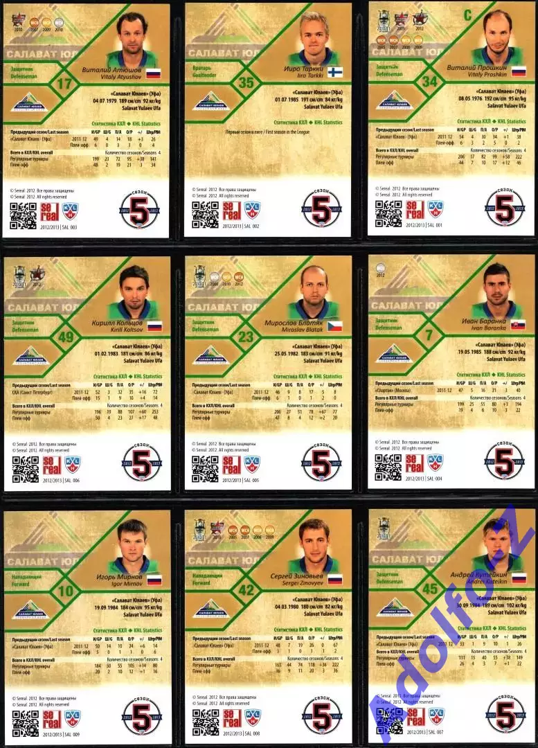 Sereal КХЛ 2012/2013 полный базовый сет 18 карт ХК Салават Юлаев Уфа 2