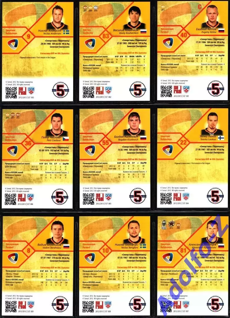 Sereal КХЛ 2012/2013 полный базовый сет 18 карт ХК Северсталь Череповец 2