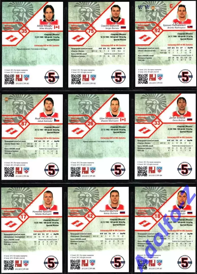 Sereal КХЛ 2012/2013 полный базовый сет 18 карт ХК Спартак Москва 2