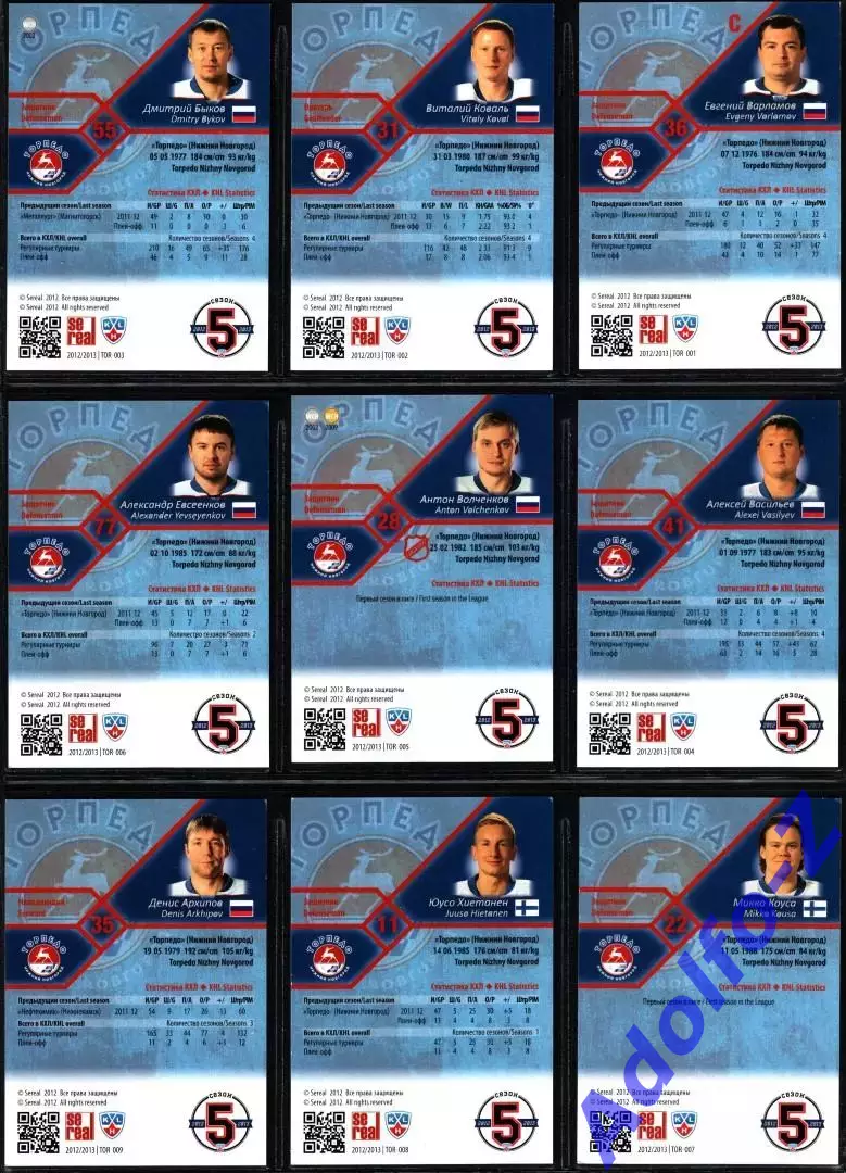 Sereal КХЛ 2012/2013 полный базовый сет 18 карт ХК Торпедо Нижний Новгород 2