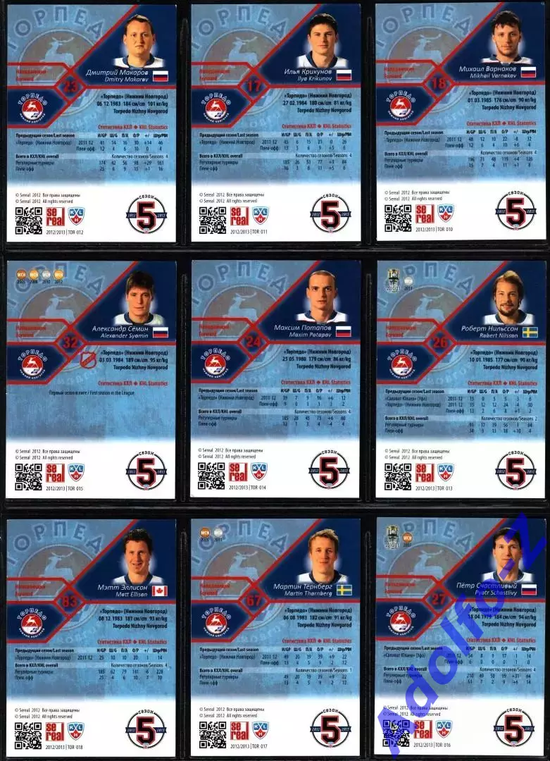 Sereal КХЛ 2012/2013 полный базовый сет 18 карт ХК Торпедо Нижний Новгород 3