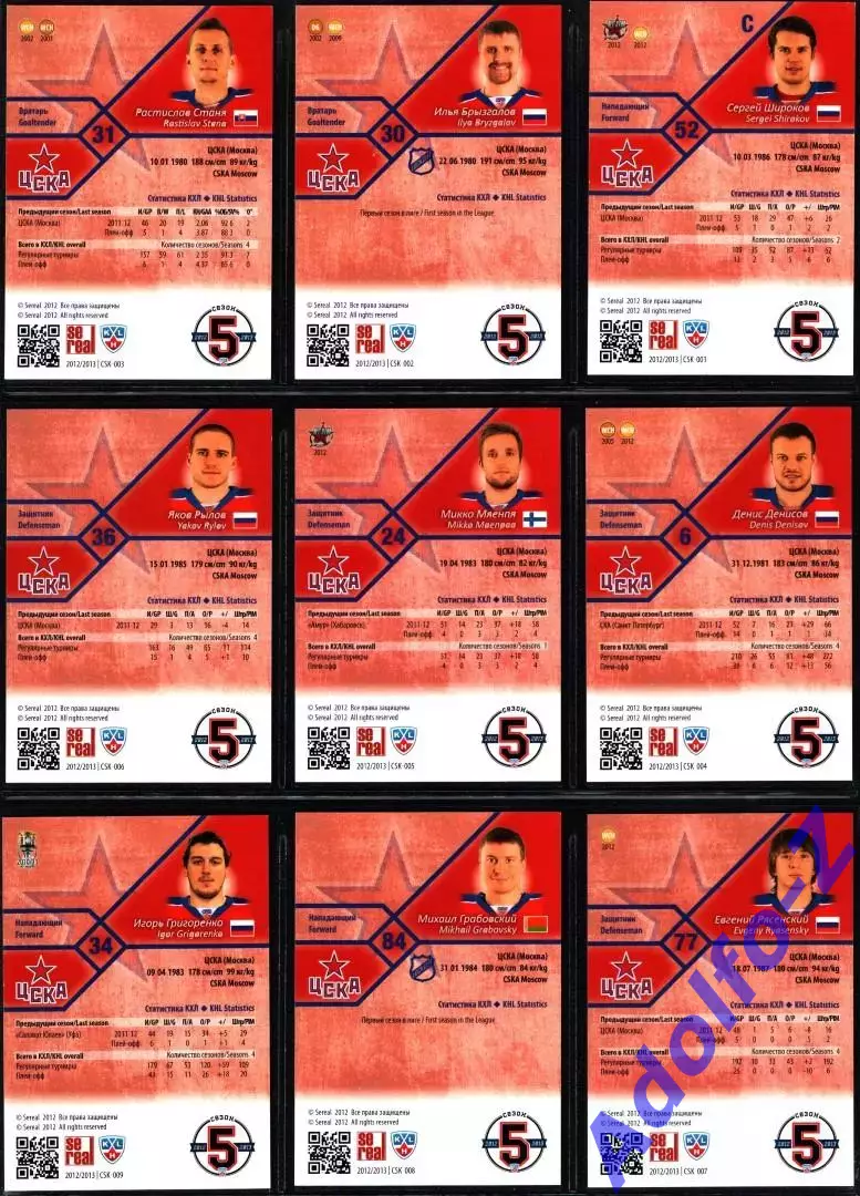 Sereal КХЛ 2012/2013 полный базовый сет 18 карт ХК ЦСКА Москва 2