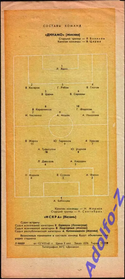 1961. Динамо Москва - Искра Казань. Кубок СССР 1/16 финала 1