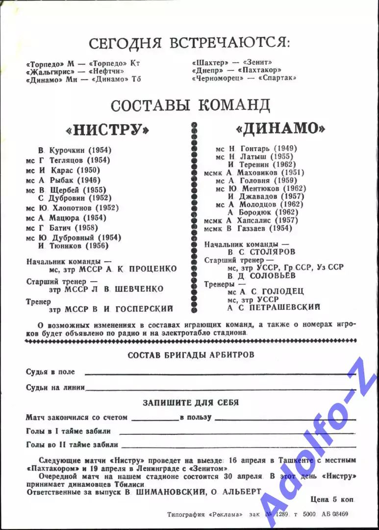 1983. Нистру Кишинев - Динамо Москва 1