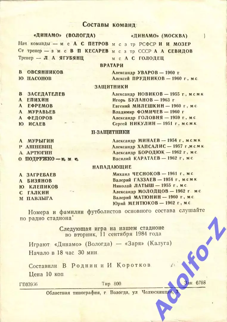 1984. Динамо Вологда - Динамо Москва. ТМ 1
