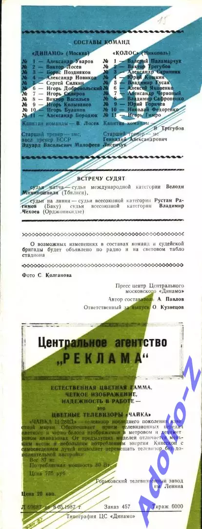 1987. Динамо Москва - Колос Никополь. Кубок СССР 1/4 финала 1