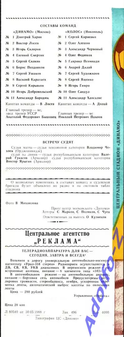 1988. Динамо Москва - Колос Никополь. Кубок СССР 1/16 финала 1