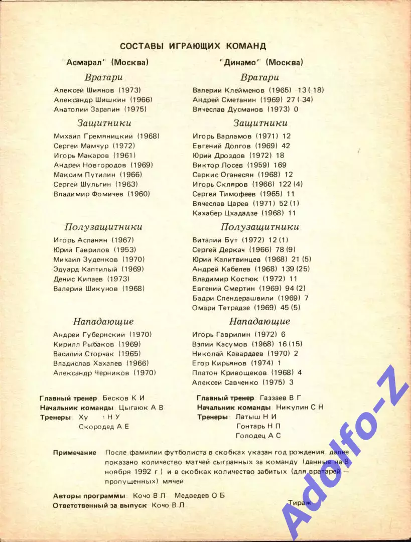 1992. Асмарал Москва - Динамо Москва 1