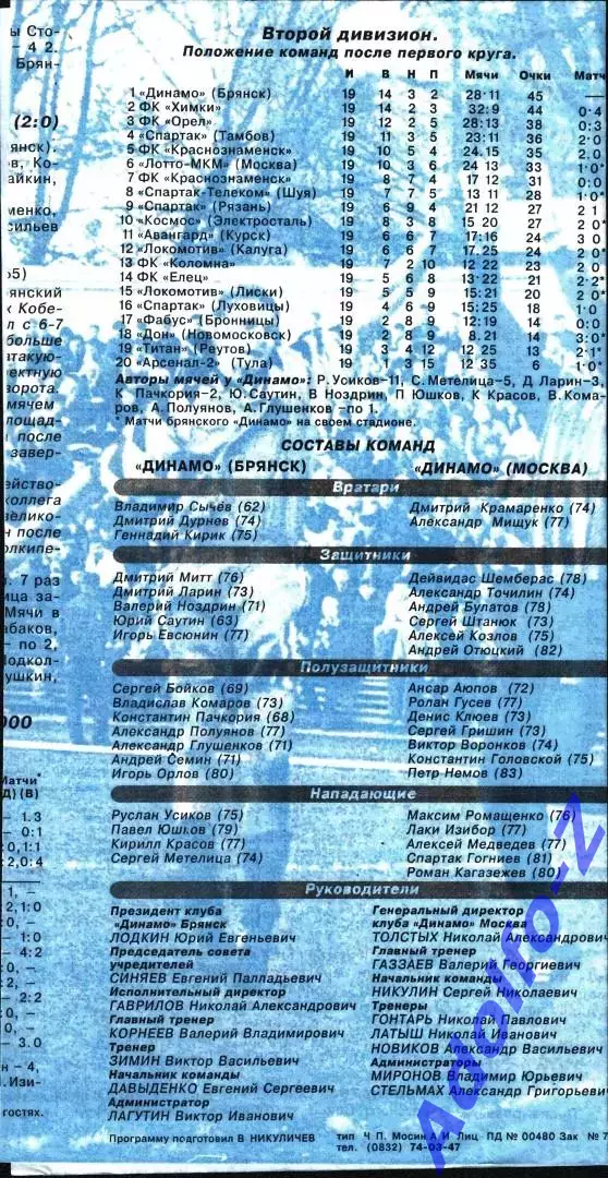 2000. Динамо Брянск - Динамо Москва. ТМ 1
