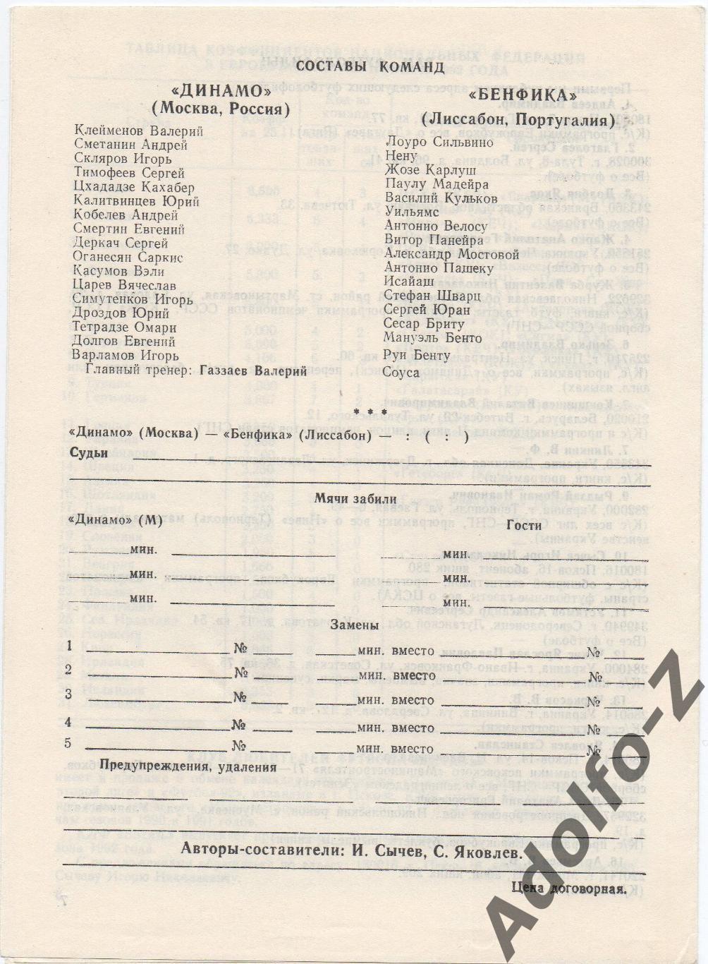 1992. Динамо Москва (Россия) - Бенфика (Португалия). КУ 1/8 финала. ЕПФ. 1