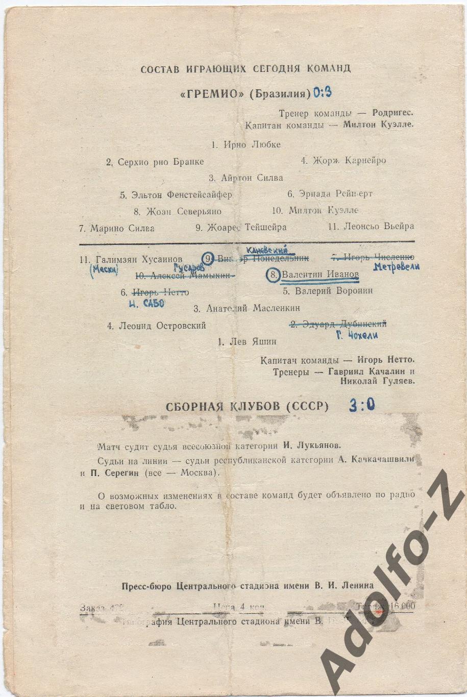 1962. Сборная клубов СССР – Гремио (Бразилия). МТМ 1