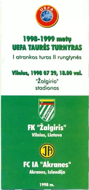прог.Жальг/Zalgiris Lithuania-Акранес/Akranes Iceland/Ісланд.1998 match program