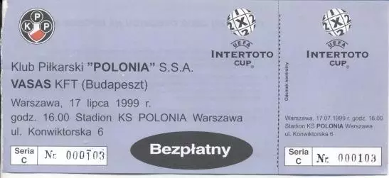 білет Polonia Warszawa Poland/Польща-Bp.Vasas Hungary/Угорщина 1999 match ticket