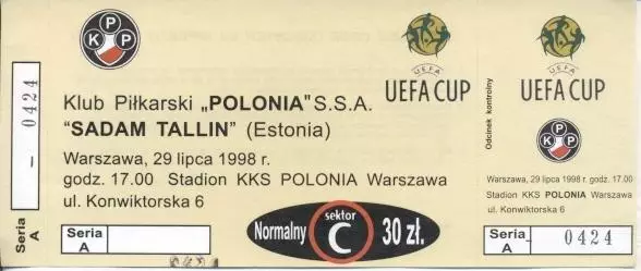 білет Polonia Warsaw Poland/Польща-Sadam Tallinn Estonia/Естон.1998 match ticket