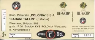 білет Polonia Warsaw Poland/Польща-Sadam Tallinn Estonia/Естон.1998 match ticket