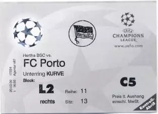 білет Hertha BSC Germany/Німеччина-Porto FC Portugal/Португал.2000 match ticket
