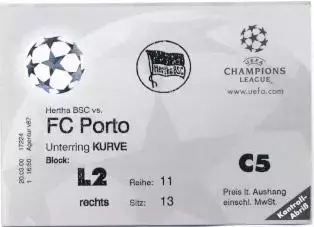 білет Hertha BSC Germany/Німеччина-Porto FC Portugal/Португал.2000 match ticket