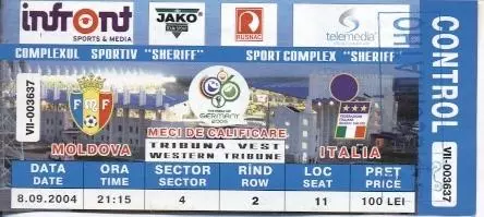 білет зб.Молдова-Італія 2004 відбір ЧС-2006 /Moldova-Italy football match ticket