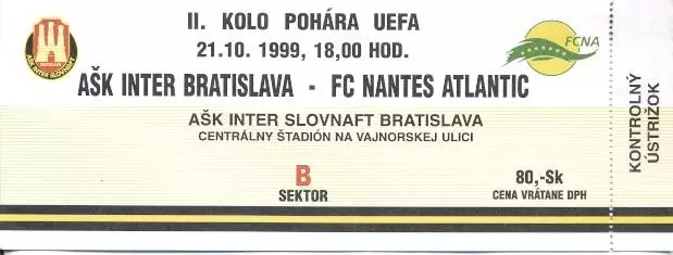 білет Inter Bratislava Slovakia/Словач.-FC Nantes France/Франц.1999 match ticket