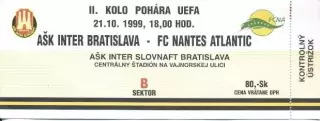 білет Inter Bratislava Slovakia/Словач.-FC Nantes France/Франц.1999 match ticket