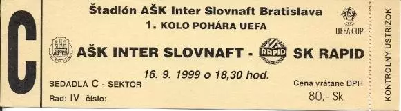 білет Inter Bratislava Slovak/Словач.-SK Rapid Austria/Австрія 1999 match ticket