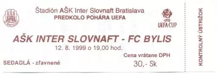 білет Inter Bratislava Slovakia/Словач-FC Bylis Albania/Албан.1999a match ticket