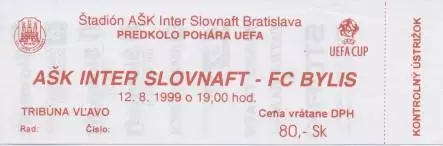 білет Inter Bratislava Slovakia/Словач-FC Bylis Albania/Албан.1999b match ticket