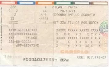 білет Італія Campionato Italia 1991-92 AC Milan-Parma AC biglietto match ticket